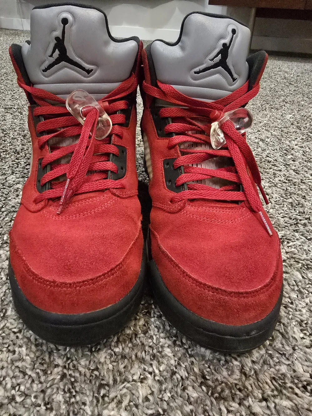 Jordan Red RETRO 5Suede High-Top Basketball Shoes with Black Accents
